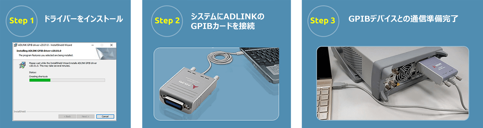 たった3つのステップ！
ADLINKのGPIBインタフェースで簡単接続&nbsp;<br />